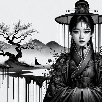 The primary subject of the image is a woman dressed in traditional Asian clothing, wearing a hat and a flowing dress. She is standing in front of a mountain, which serves as the backdrop for the scene. The visual style of the image is a combination of digital art and illustration, creating a striking and detailed portrait of the woman. The colors and mood of the image are predominantly dark, with the woman's outfit and the mountain in the background providing a sense of elegance and serenity.